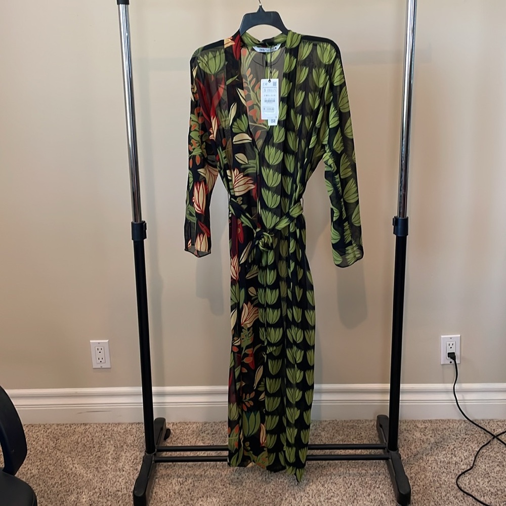 Zara Belted Flowy Floral Leaf Semi-sheer Button Down Maxi Dress